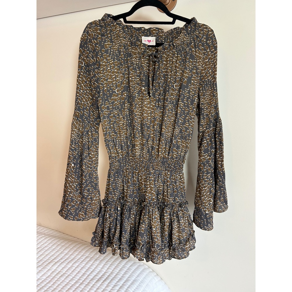 BuddyLove XSmall Smocked Tiered Ruffle Mini Dress Bell Sleeve Leopard Print‎